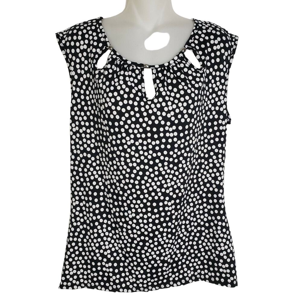 Studio Works Womens Top Medium Sleeveless Tank Black White Polka Dot Keyholes